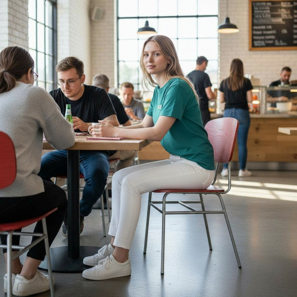 Neue Designgruppe: Florence-Kantinenstuhl aus rotem Naturholz – generalüberholt