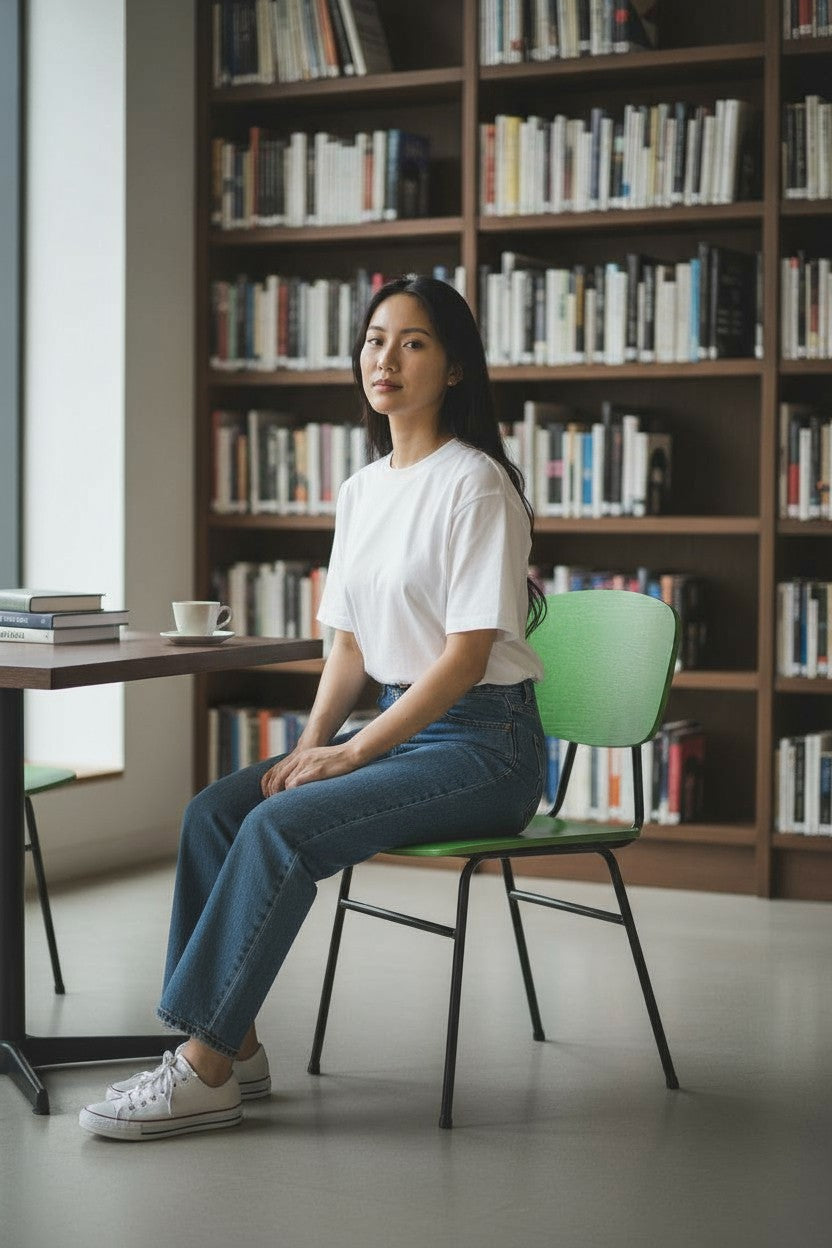 Neue Designgruppe: Florence Kantinenstuhl aus grünem Naturholz – generalüberholt