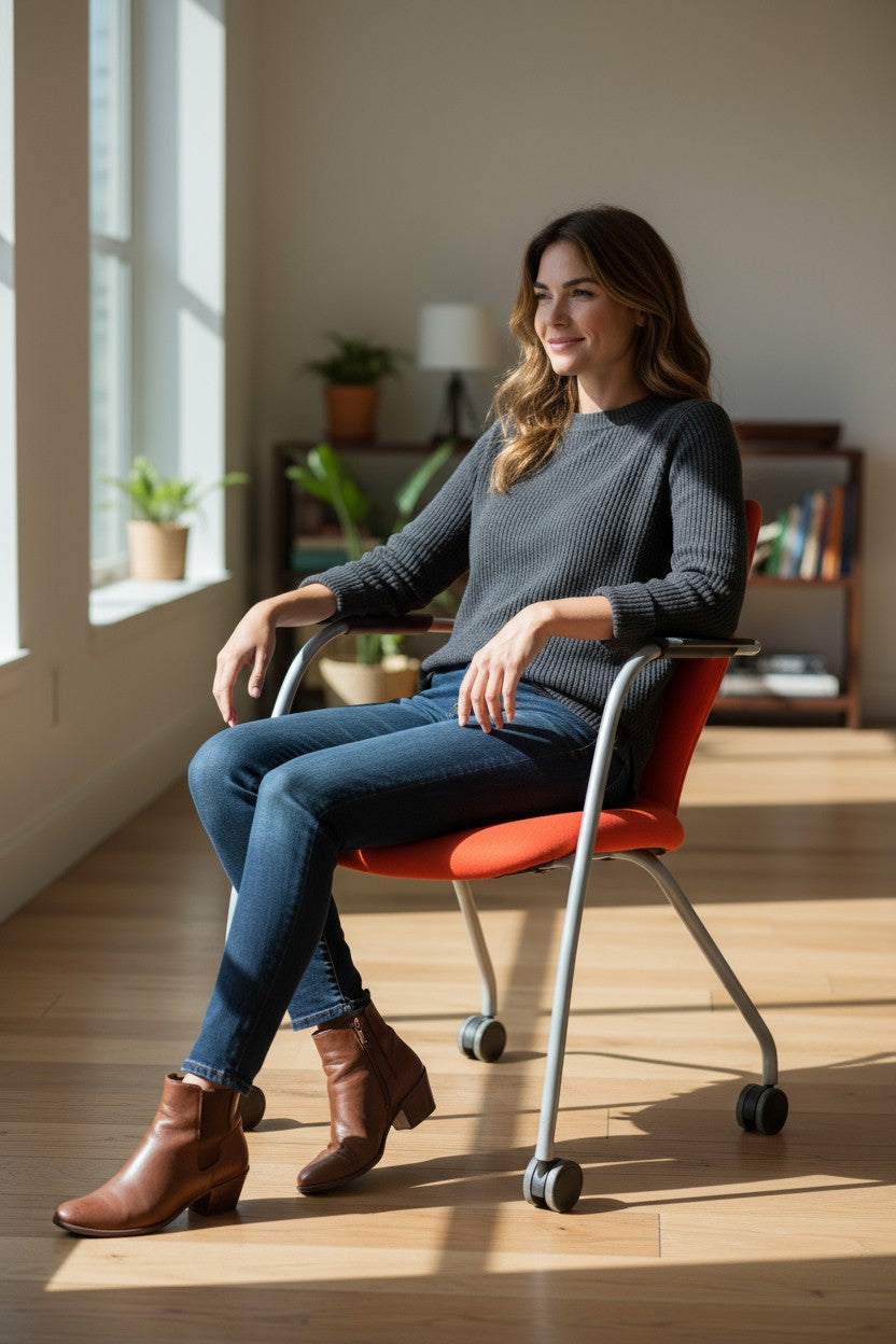 Orangebox: Orange Besucher-Beistellstuhl mit Rollen – generalüberholt