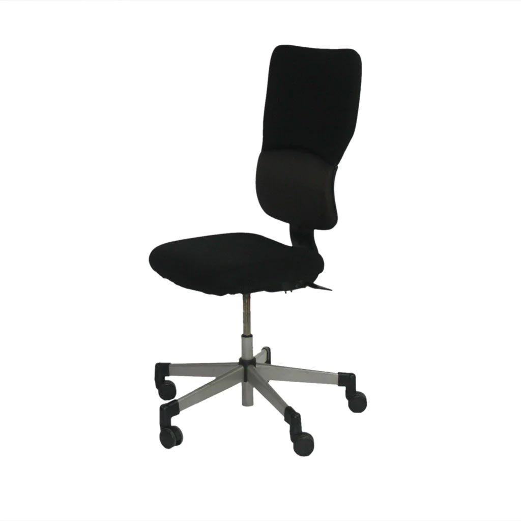 <tc>Steelcase</tc>: <tc>Lets B</tc> - Bürostuhl mit hoher Rückenlehne aus schwarzem Stoff ohne Armlehnen - Generalüberholt