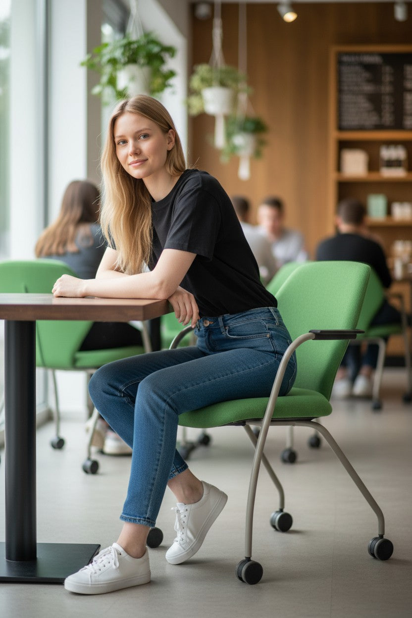 Orangebox: Grüner Besucherstuhl mit Rollen – generalüberholt