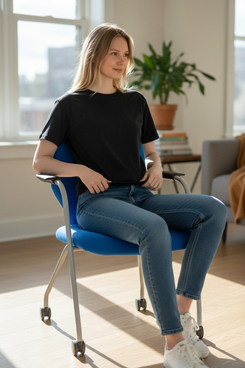 Orangebox: Blauer Besucherstuhl mit Rollen – generalüberholt