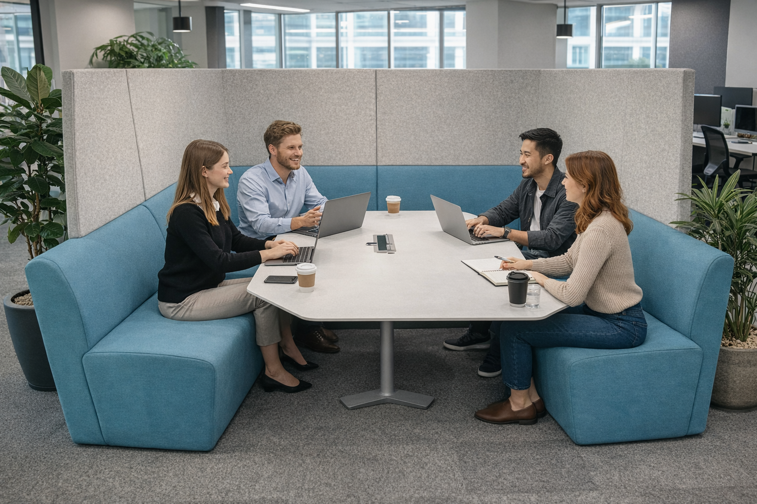 Orangebox: Geschlossene Kabine mit hoher Rückenlehne „Away From The Desk“ (AFTD) in Grau und Blaugrün – renoviert