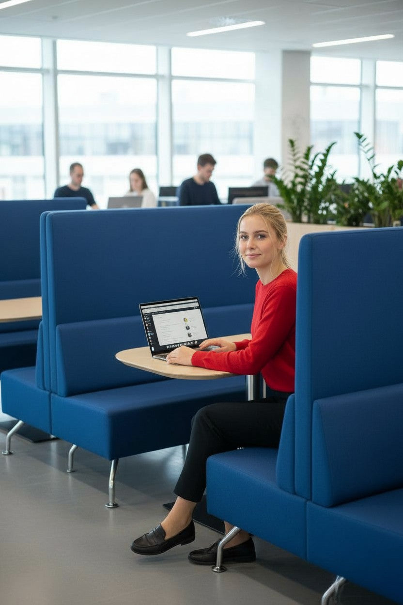 Orangebox: Blaue Perimeter-Sitzbank & Esszimmerstühle - generalüberholt